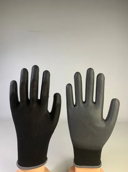 Черные защитные перчатки из полиэстера с полиуретановым покрытием на ладонях и верхней посадкой с сертификатом CE